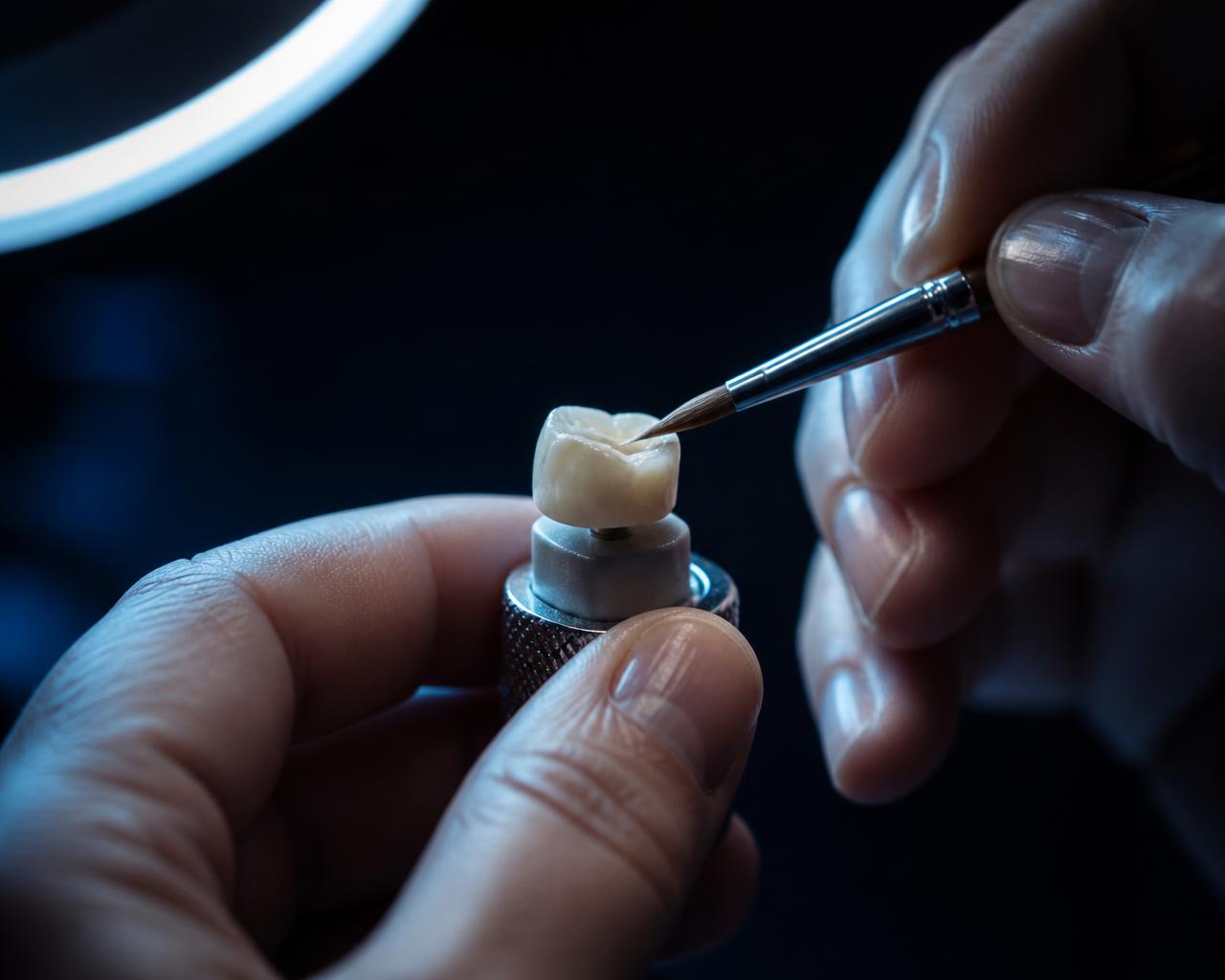 Ceramista aplicando cerâmica em coroa dentária com pincel fino