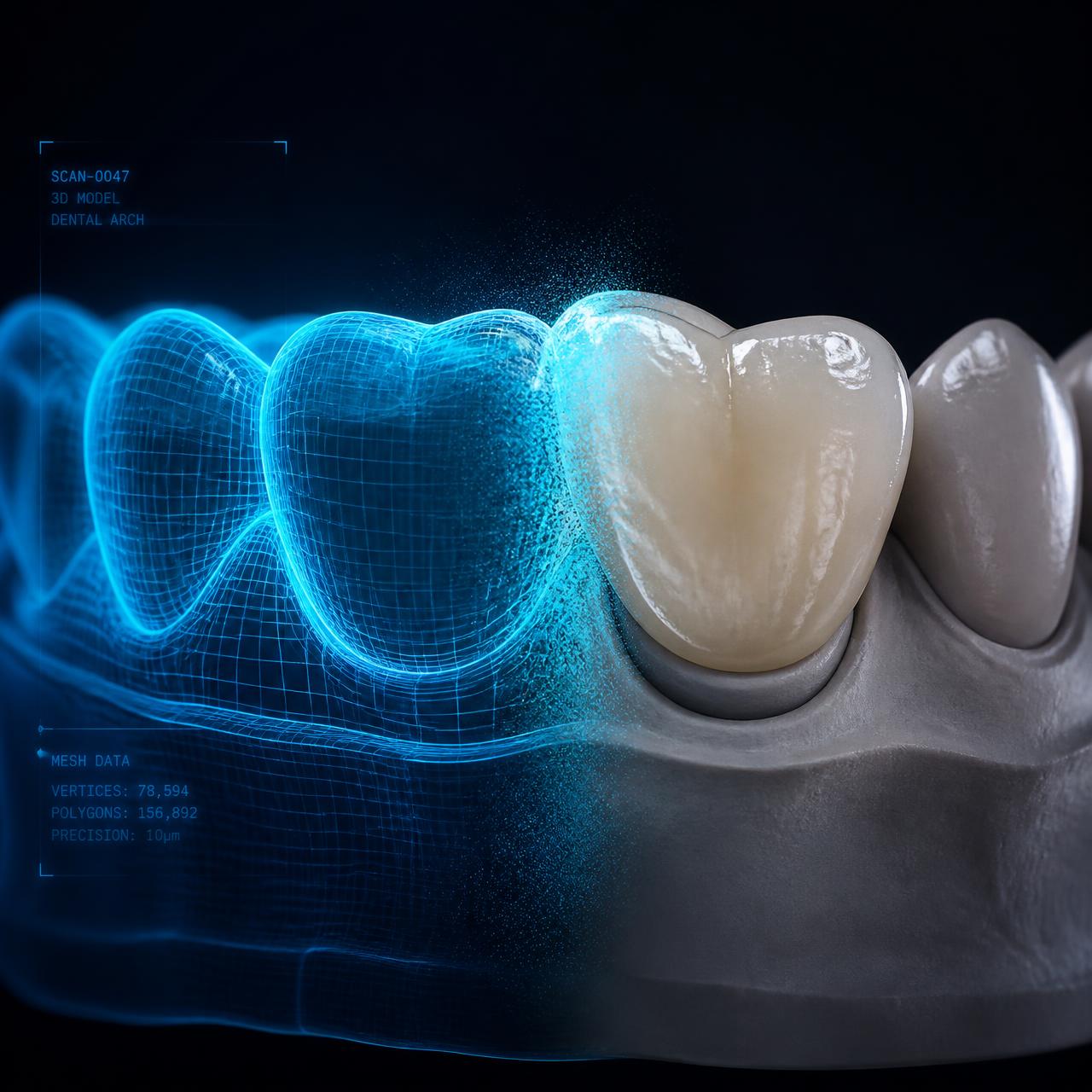 Modelo digital 3D de arcada dentária ao lado de coroa cerâmica finalizada